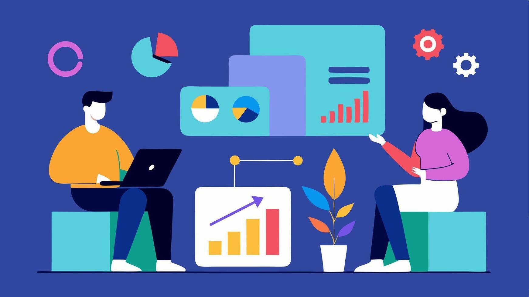 Trend Analysis A strategist analyzing trends and patterns in content performance with a content creator in a digital setting using charts and data analytics.. vector