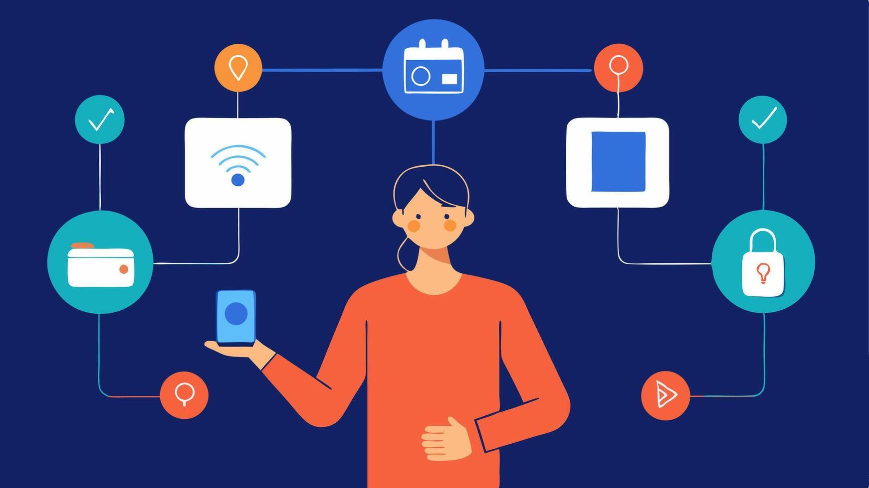 Smart Home Interaction A designer illustrating user scenarios where a voice interface controls various smart home devices showcasing interaction flows.. vector
