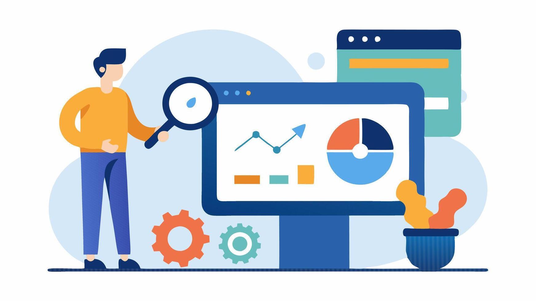 Technical SEO An illustration of the spet examining website speed and performance on a monitor with tools to test loading times and indexing.. vector