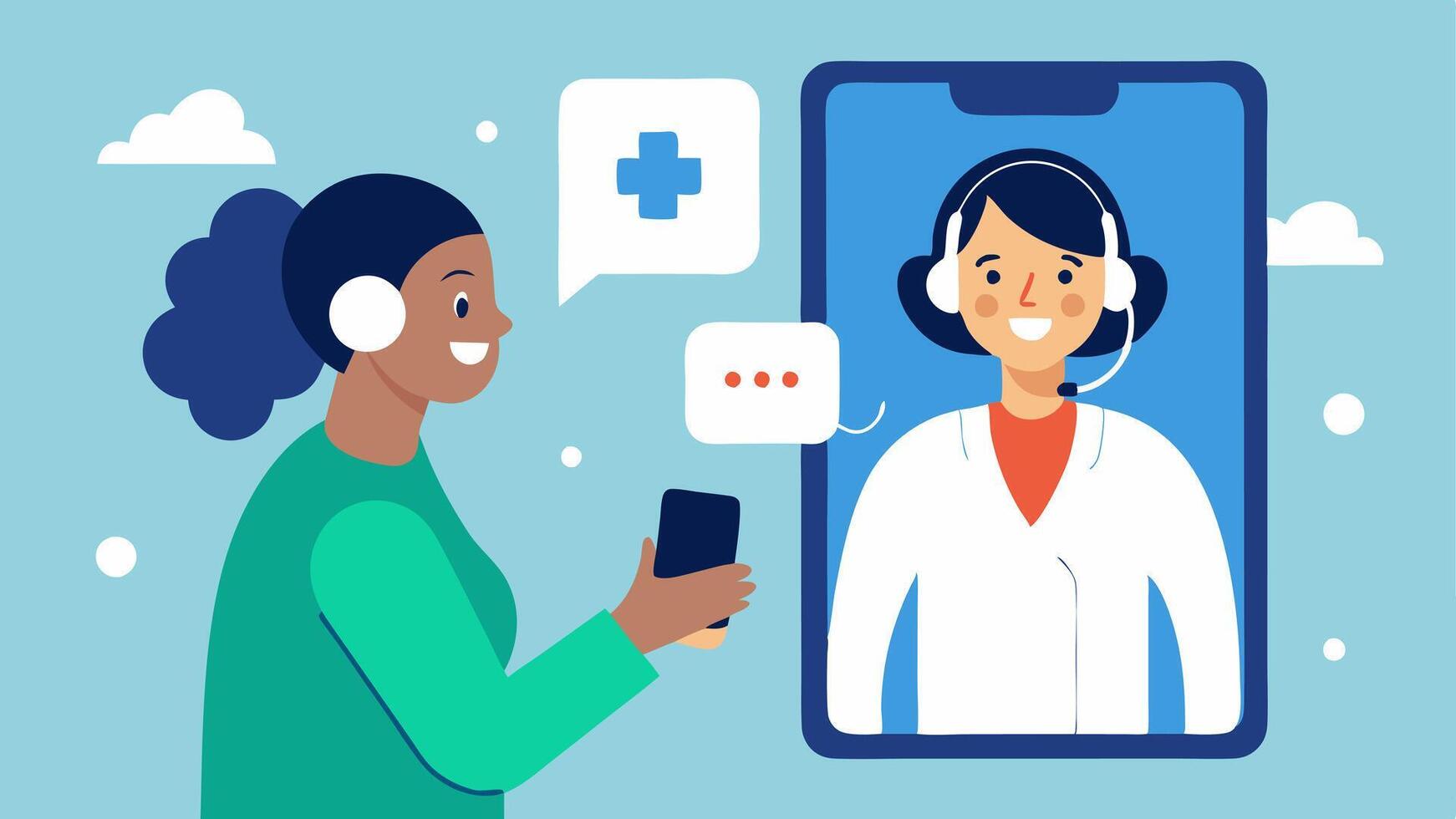 Technical Support A telehealth spet troubleshooting tech issues with expressions of understanding and guidance as they help a patient navigate an app on their smartphone.. vector