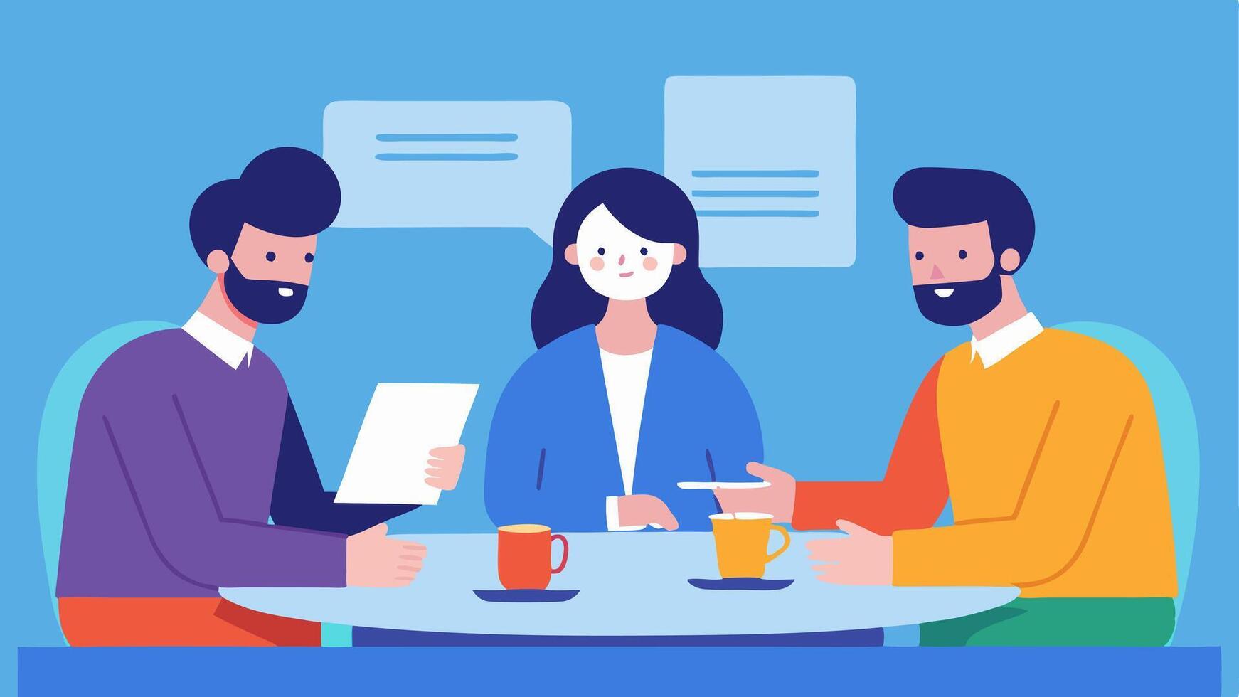 Sponsorship Negotiation An illustration of a strategist discussing terms with two content creators and a symbolic sponsor at a conference table filled with contracts and coffee. vector