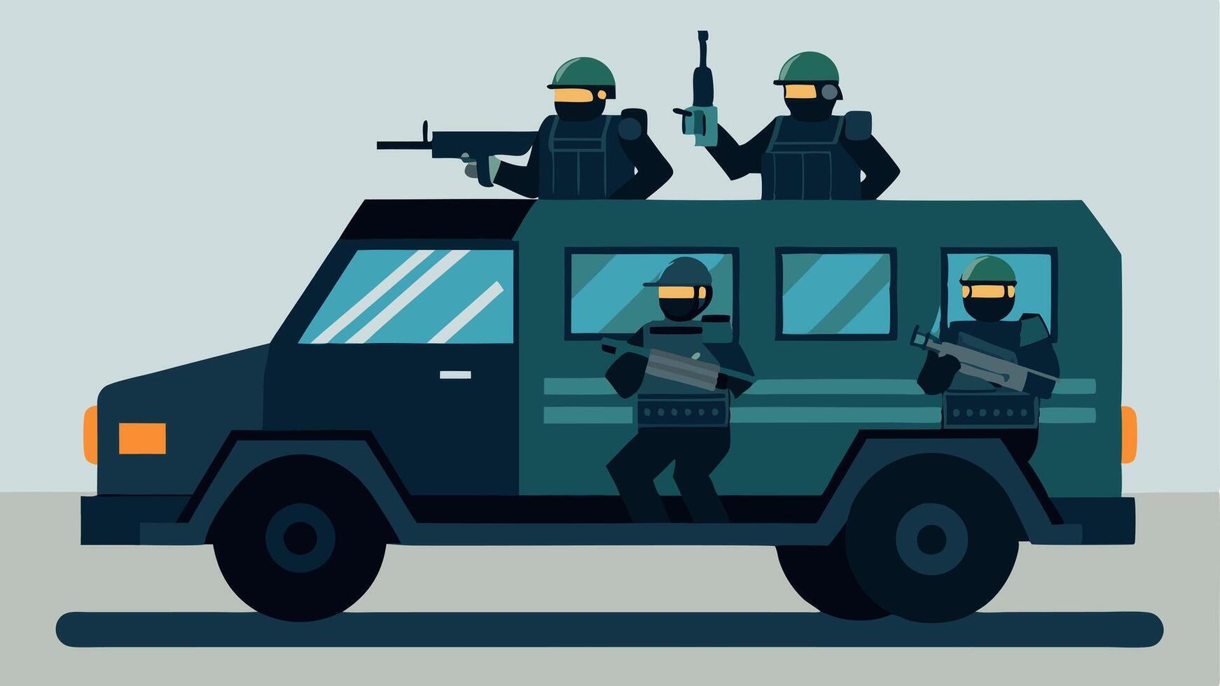 These descriptions illustrate various aspects of a SWAT team operating in an armored vehicle focusing on action teamwork and preparation.. vector