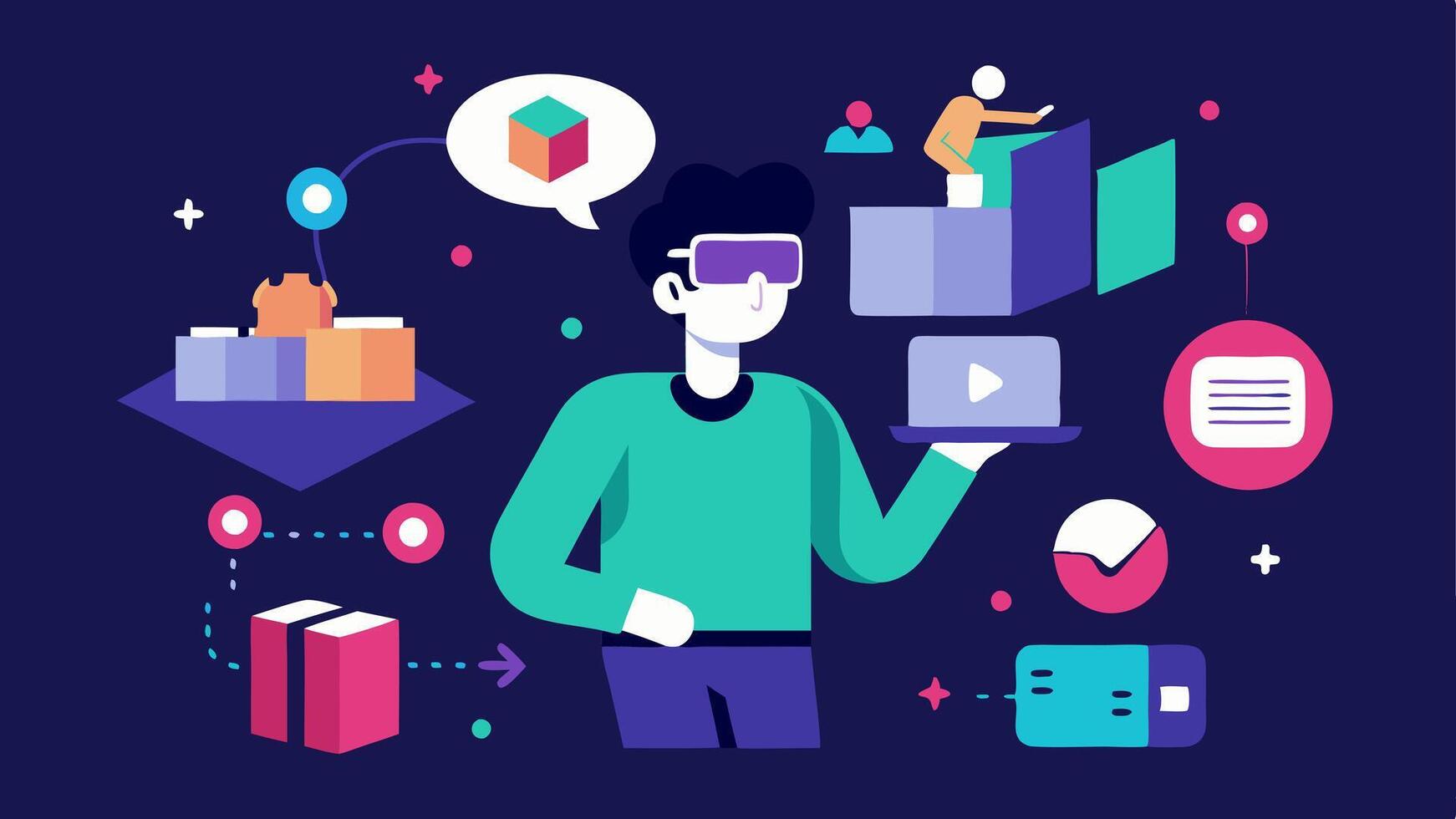 These illustrations showcase various aspects of the VR event design process highlighting creativity collaboration and technological integration.. vector
