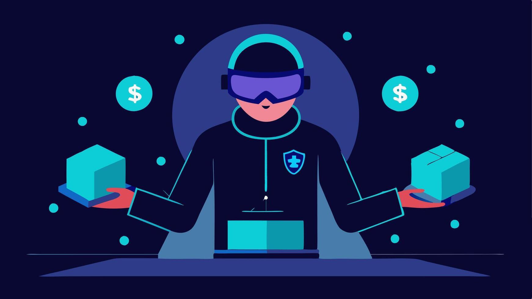 Virtual Reality Interface A hacker immersed in a virtual reality environment manipulating holographic controls to hack into the bank system from within a digital space.. vector