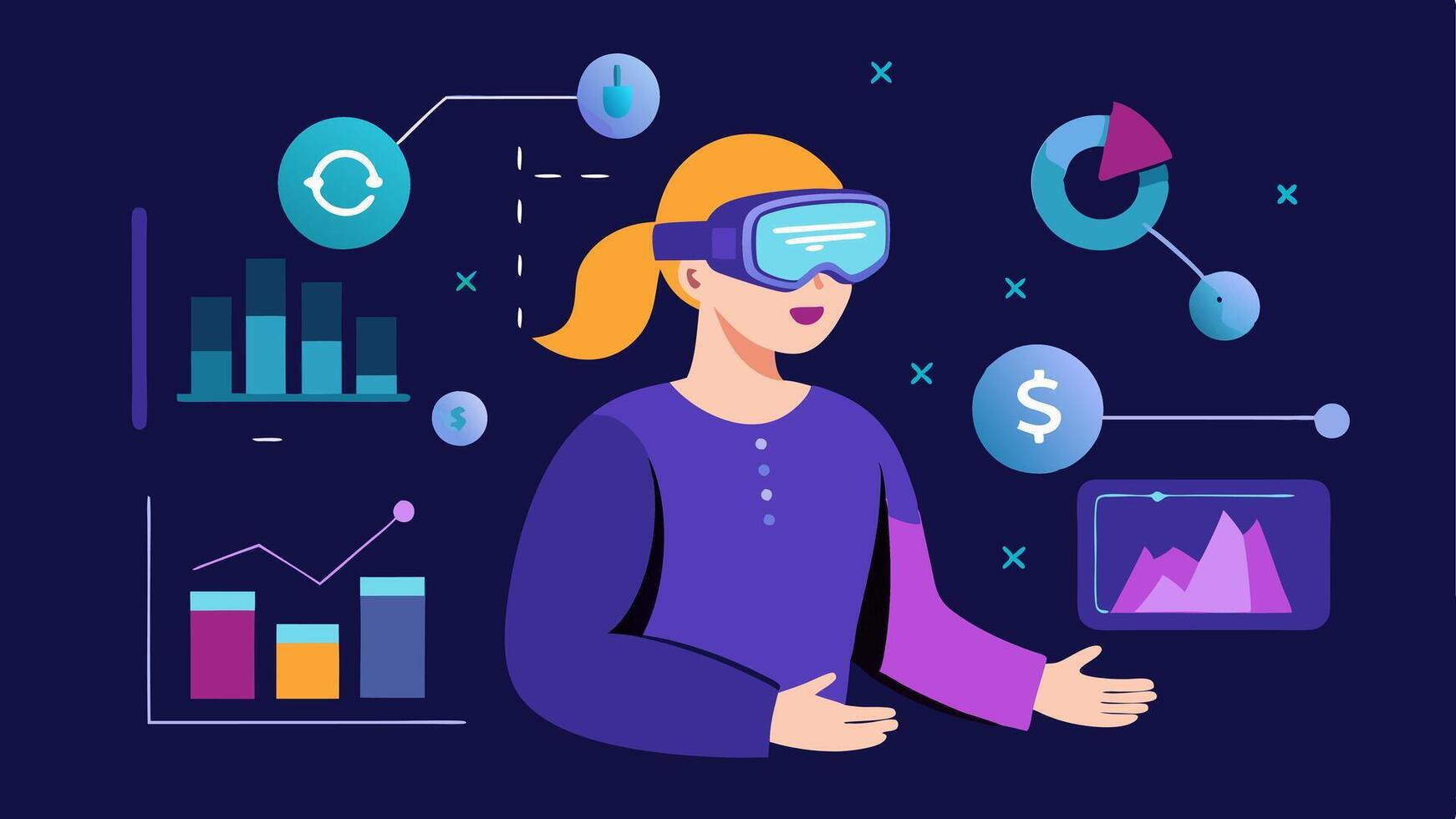 Virtual Reality Trading A person wearing VR goggles interacting with a 3D environment filled with cryptocurrency visualizations and statistics around them.. vector