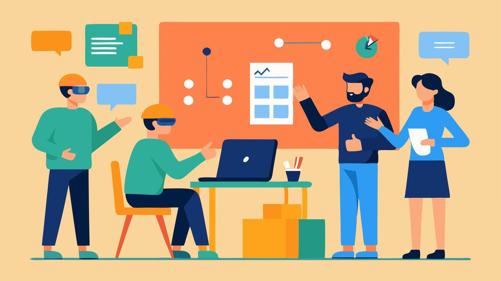 Workshop Setting Several developers in a workshop space brainstorming ideas on a board while surrounded by VR gadgets AR prototypes and sticky notes.. vector