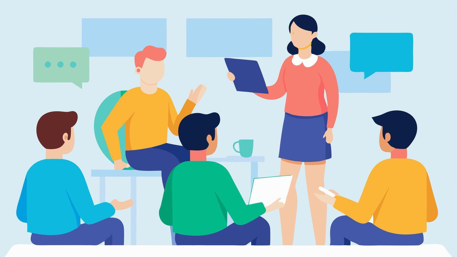 Roleplaying Training A professional roleplaying customer interactions with AI simulations in a training room with peers observing and taking notes.. vector