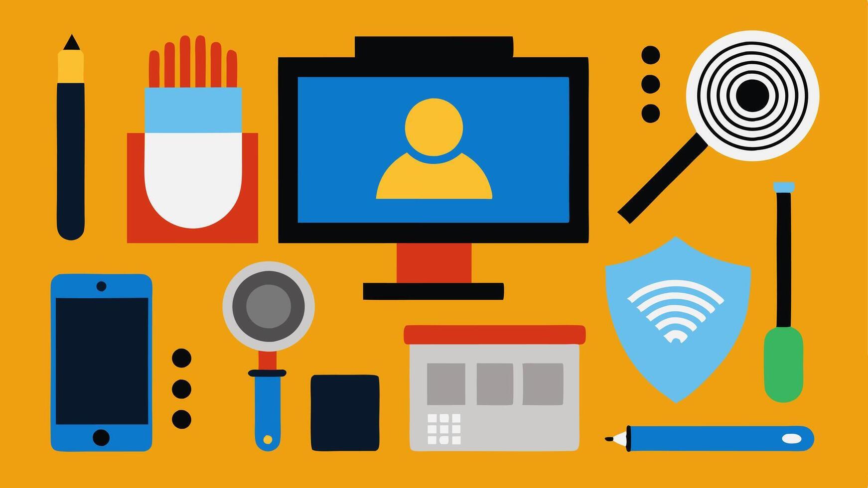 Workstation Setup An illustrative workstation containing forensic tools like fingerprint powder brushes lifting tape and photographic equipment.. vector