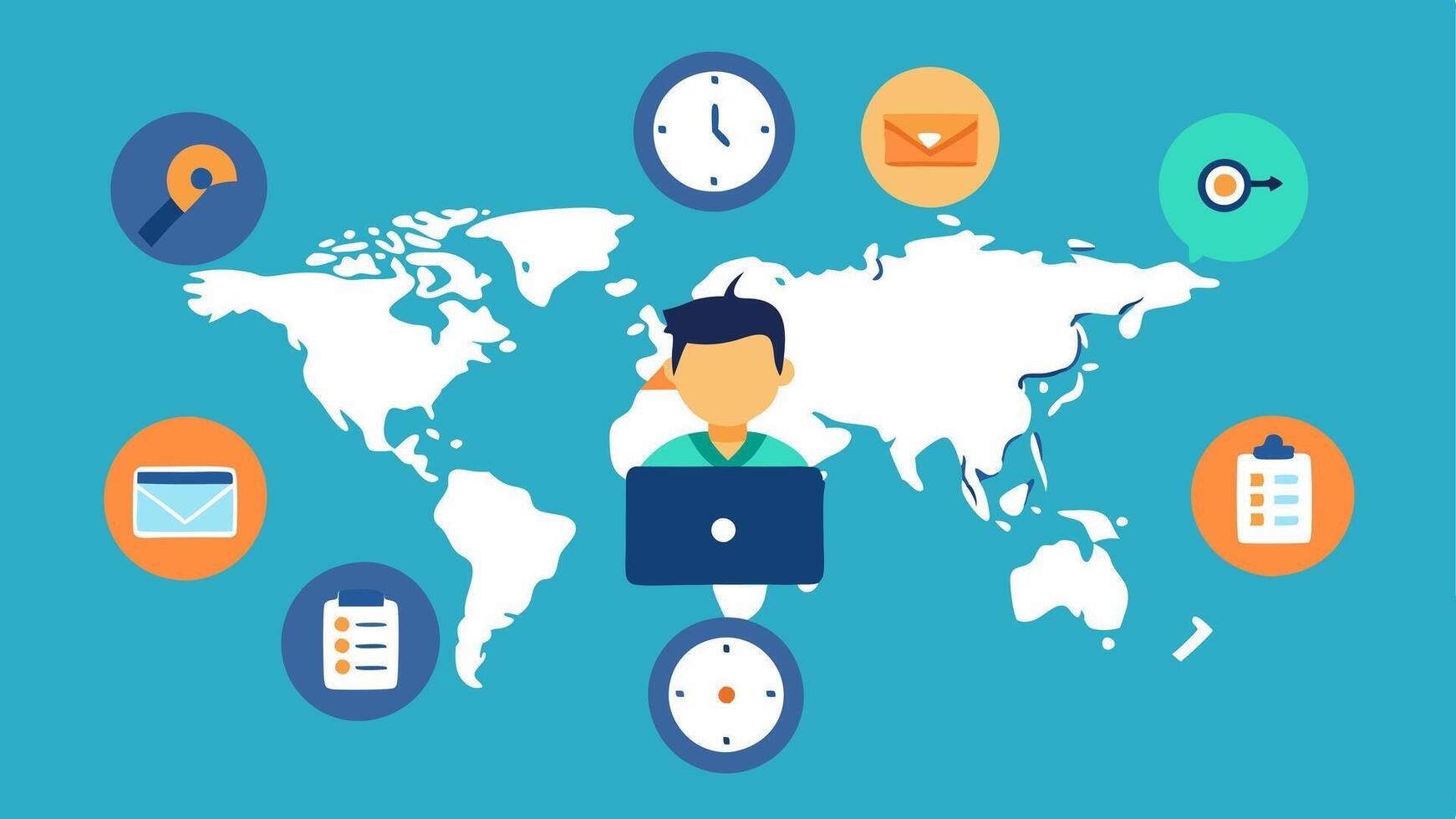 Time Zone Map A digital world map showing different time zones with clocks indicating various times and a remote assistant managing tasks for global clients.. vector