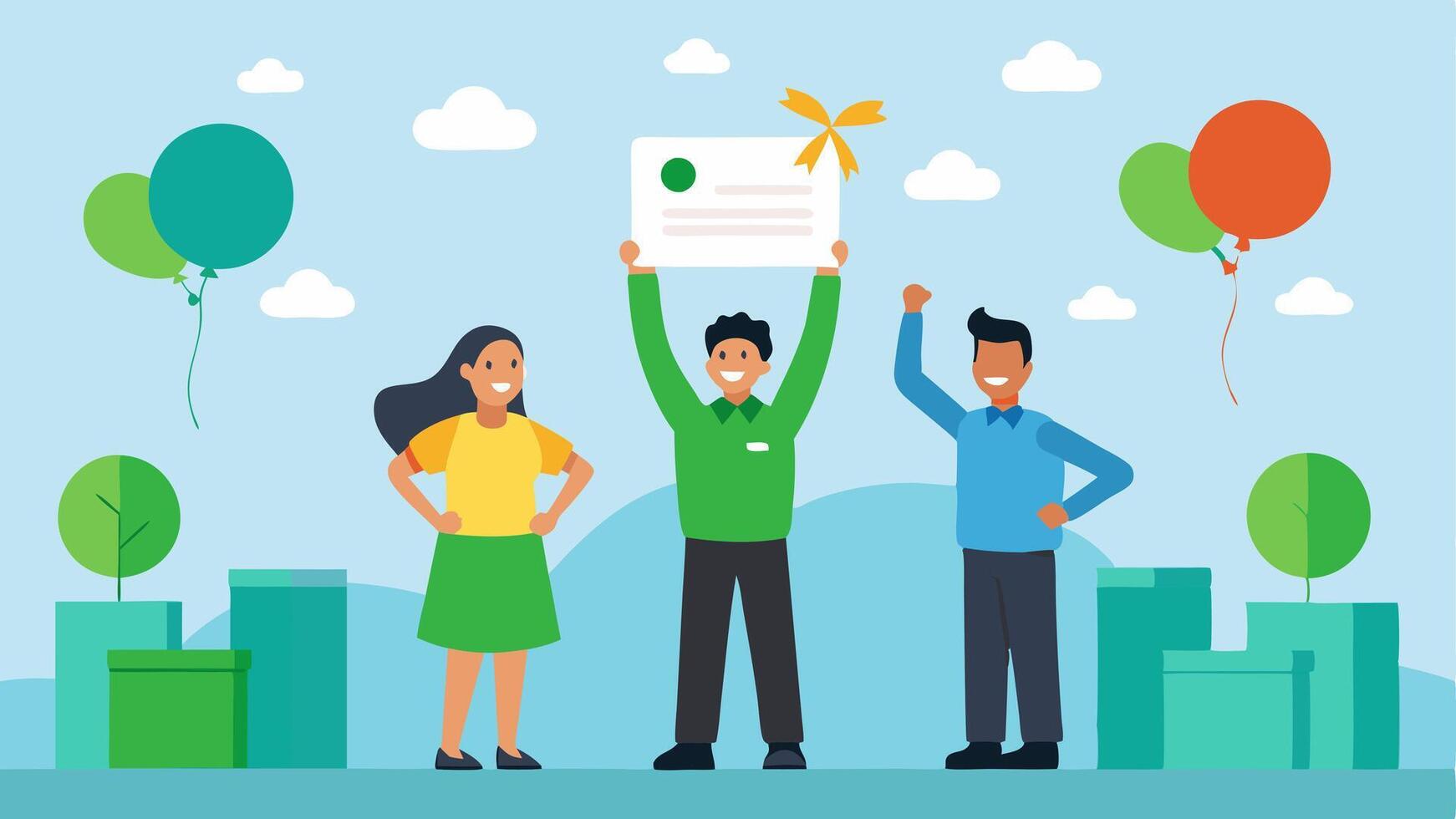 Victory Celebration A professional team celebrating a successful carbon reduction achievement with a certificate in hand and balloons symbolizing a greener future.. vector