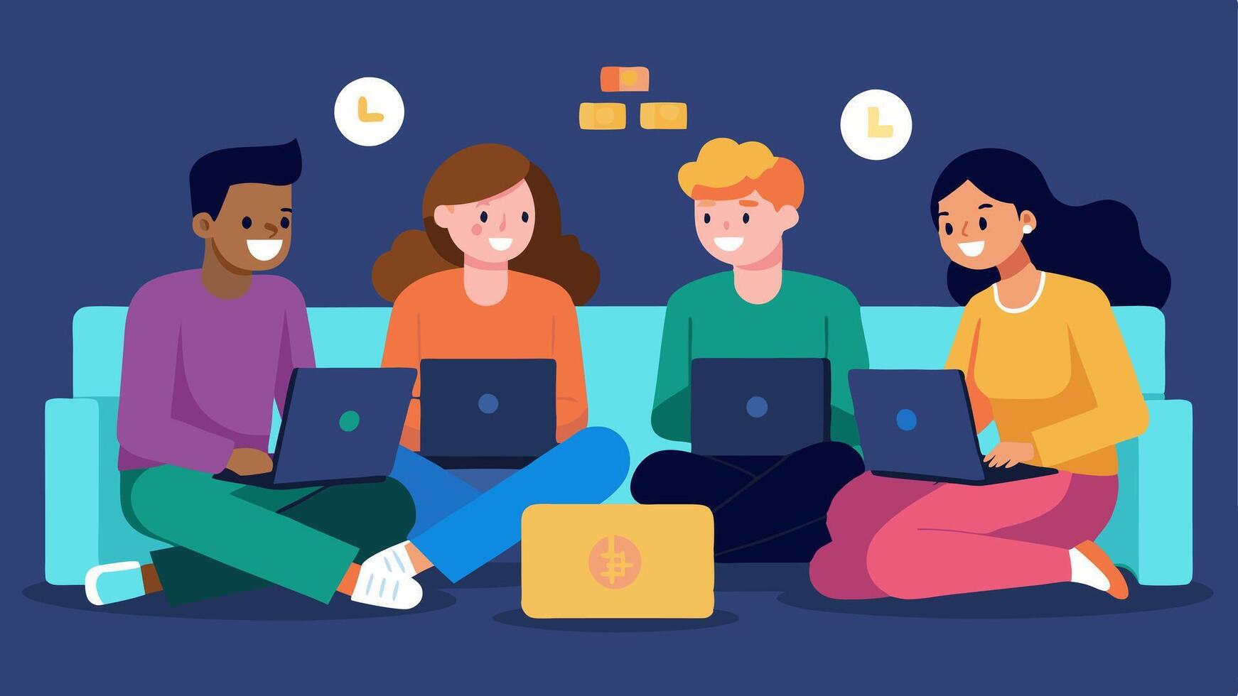 Trading Community A group of friends in a cozy living room chatting and laughing while looking at their laptops sharing tips on cryptocurrency trading.. vector
