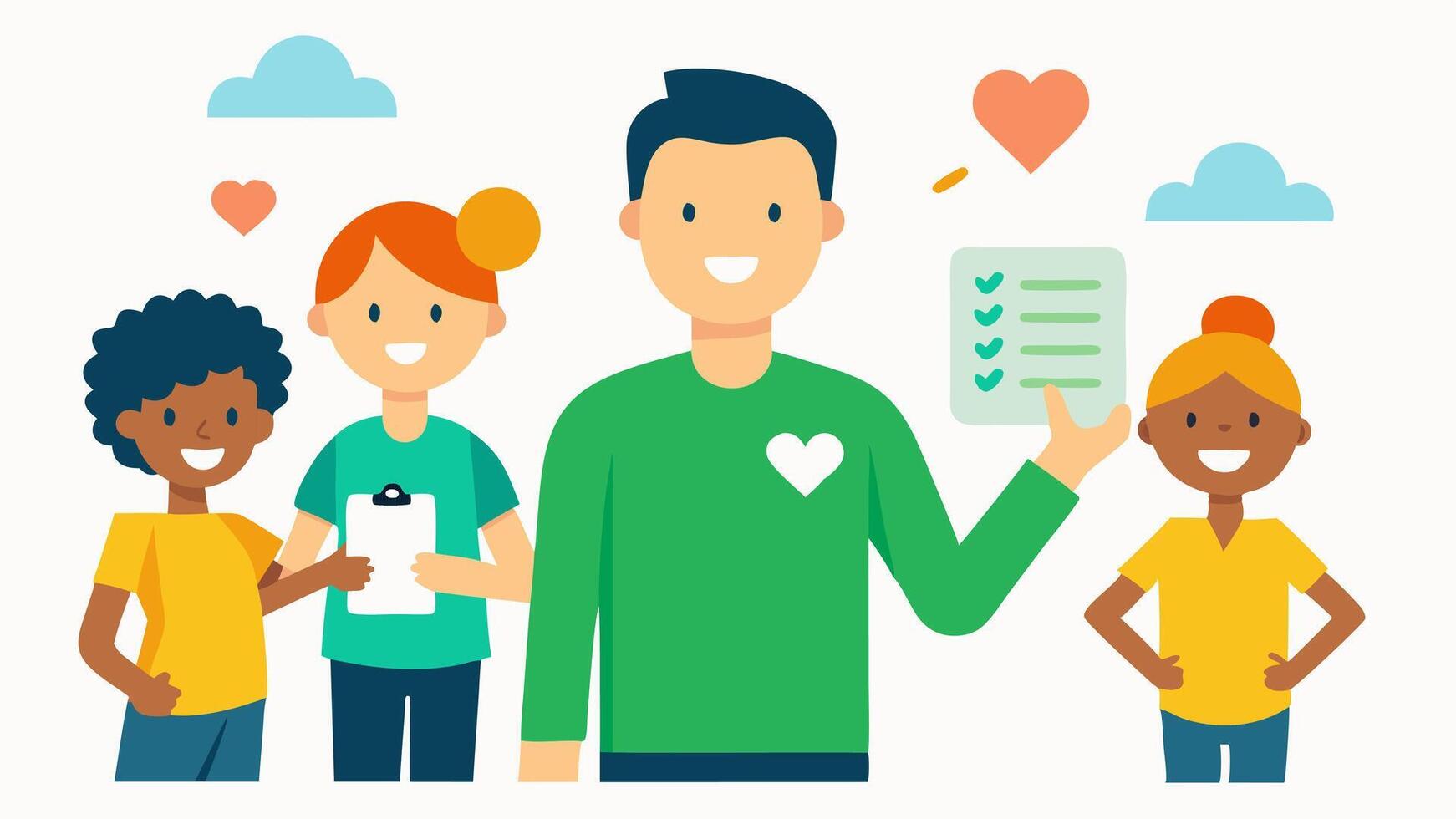 Volunteer Program Development The consultant guiding employees in creating a community volunteer program with elements like checklists community landmarks and smiling volunteers. vector