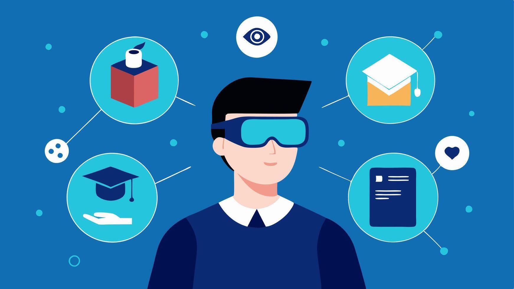 Virtual Reality Learning A professional wearing VR goggles engaged in developing immersive learning experiences with virtual classroom elements visible around them.. vector
