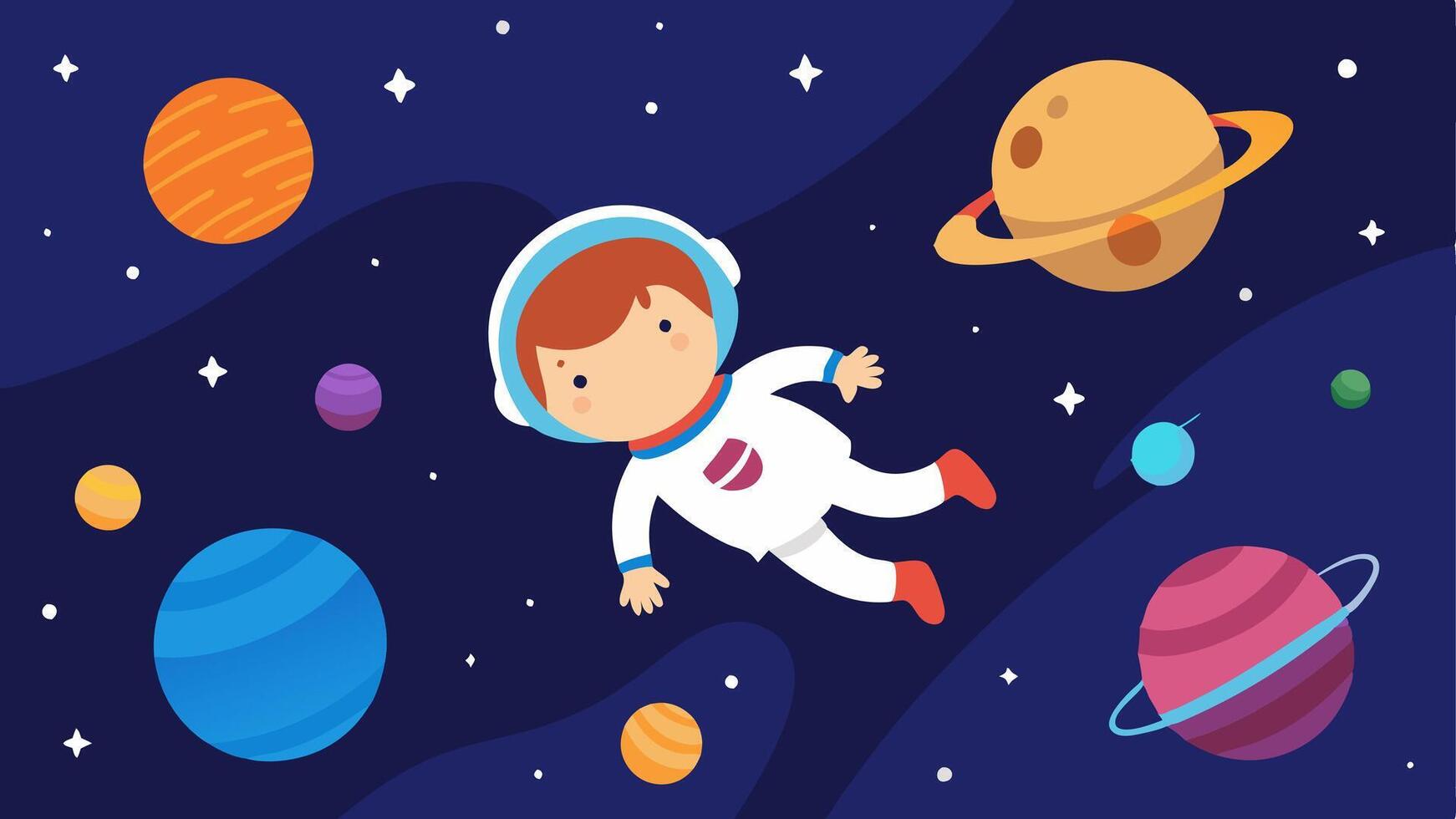 Space Exploration A child astronaut floating in space surrounded by stars and planets looking at a colorful solar system model inspiring curiosity about space.. vector