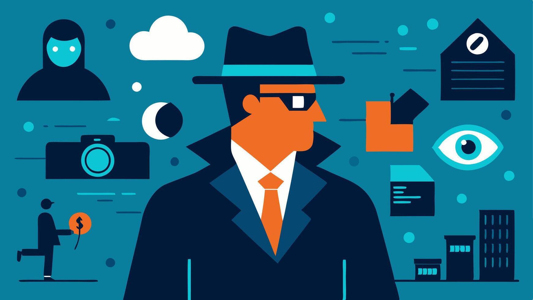 These illustrations can capture various aspects of a detectives surveillance operation emphasizing their stealth focus and the environment around them.. vector