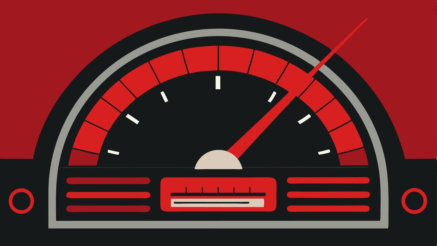 Suspenseful Dash A closeup of a dashboard showing a speedometer with the needle in the red zone and a retro radio playing in the background.. vector