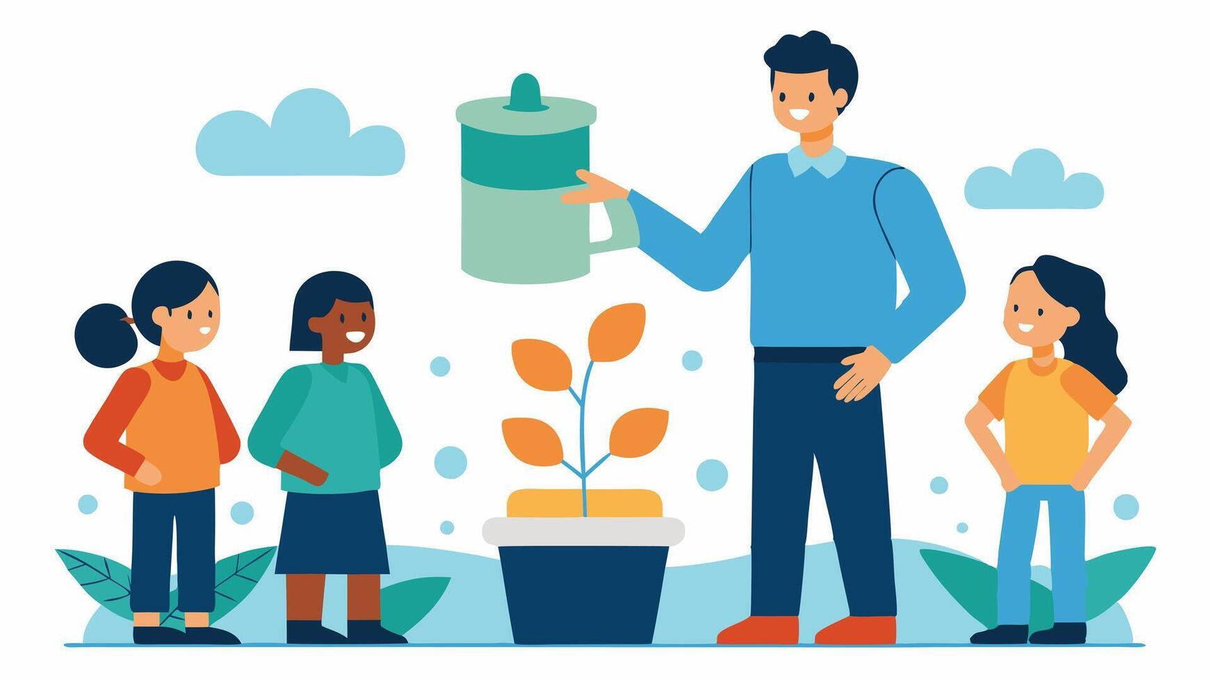 Water Conservation Techniques A spet demonstrating rainwater harvesting systems and droughtresistant plants to a group of enthusiastic learners.. vector