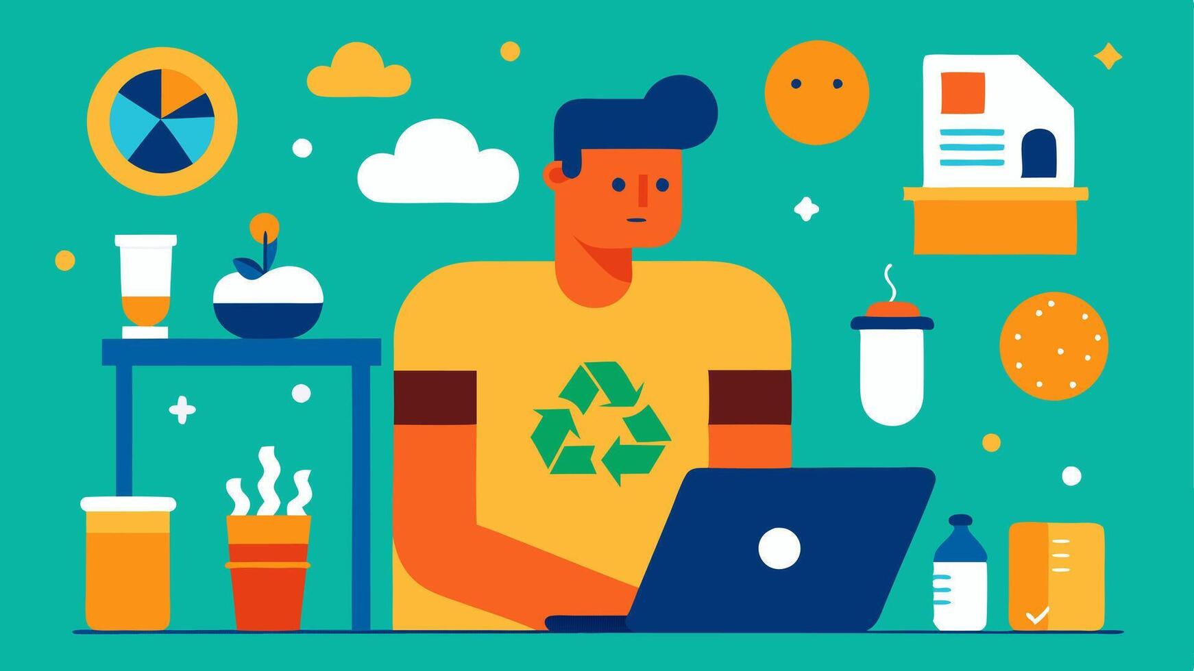 Recycling Education A designer creating an educational poster about proper recycling of packaging materials surrounded by colorful illustrations and icons.. vector