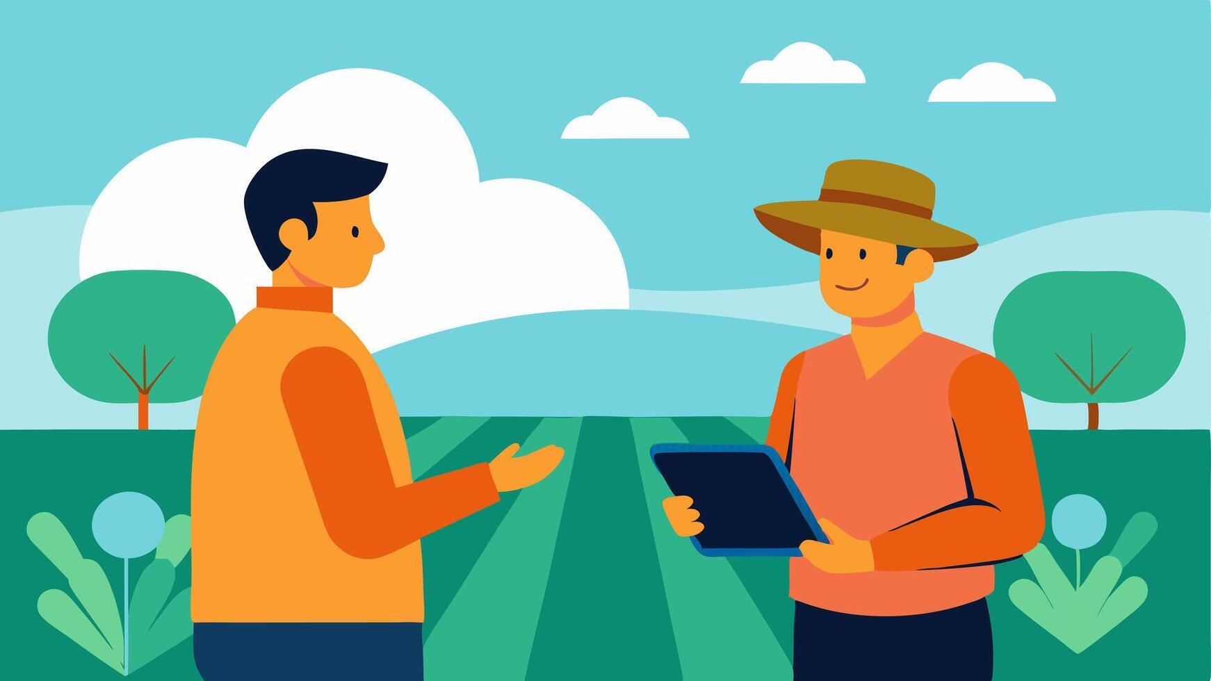 Smart Irrigation A mentor displays a smart irrigation system on a tablet while a farmer inspects a field with moisture sensors p in the soil.. vector