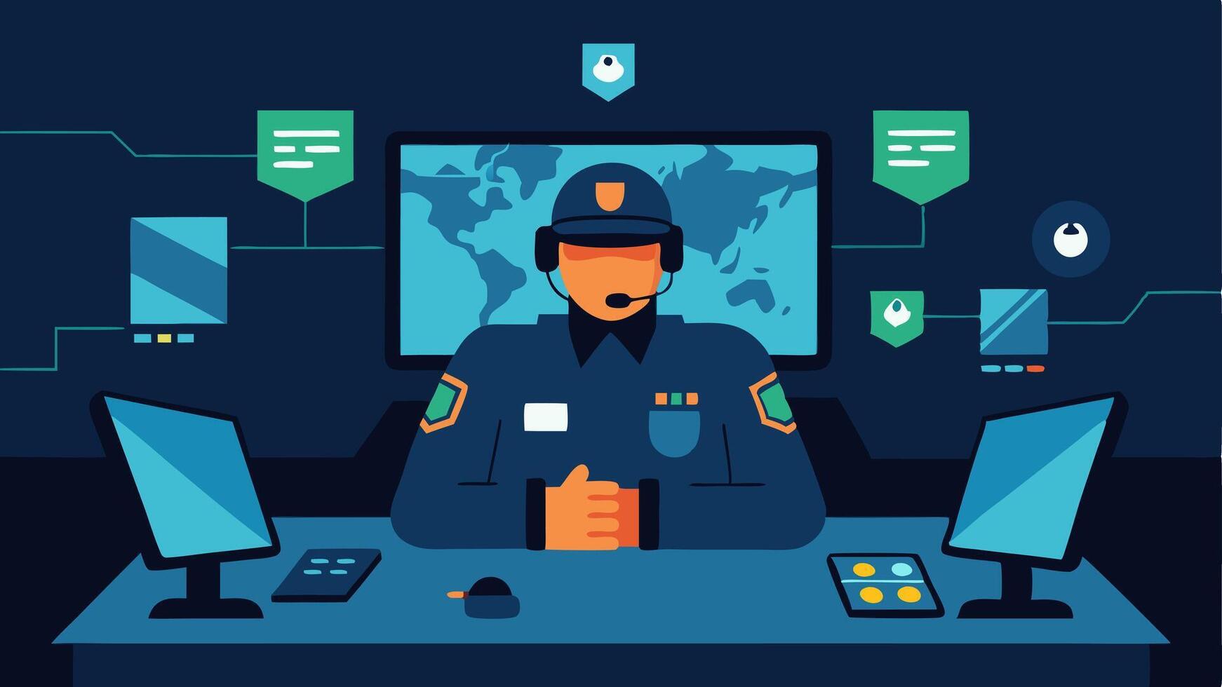 Tactical Setup The scene shows a command center with the negotiator on the phone surrounded by police officers monitors displaying maps of the area and tactical equipment.. vector