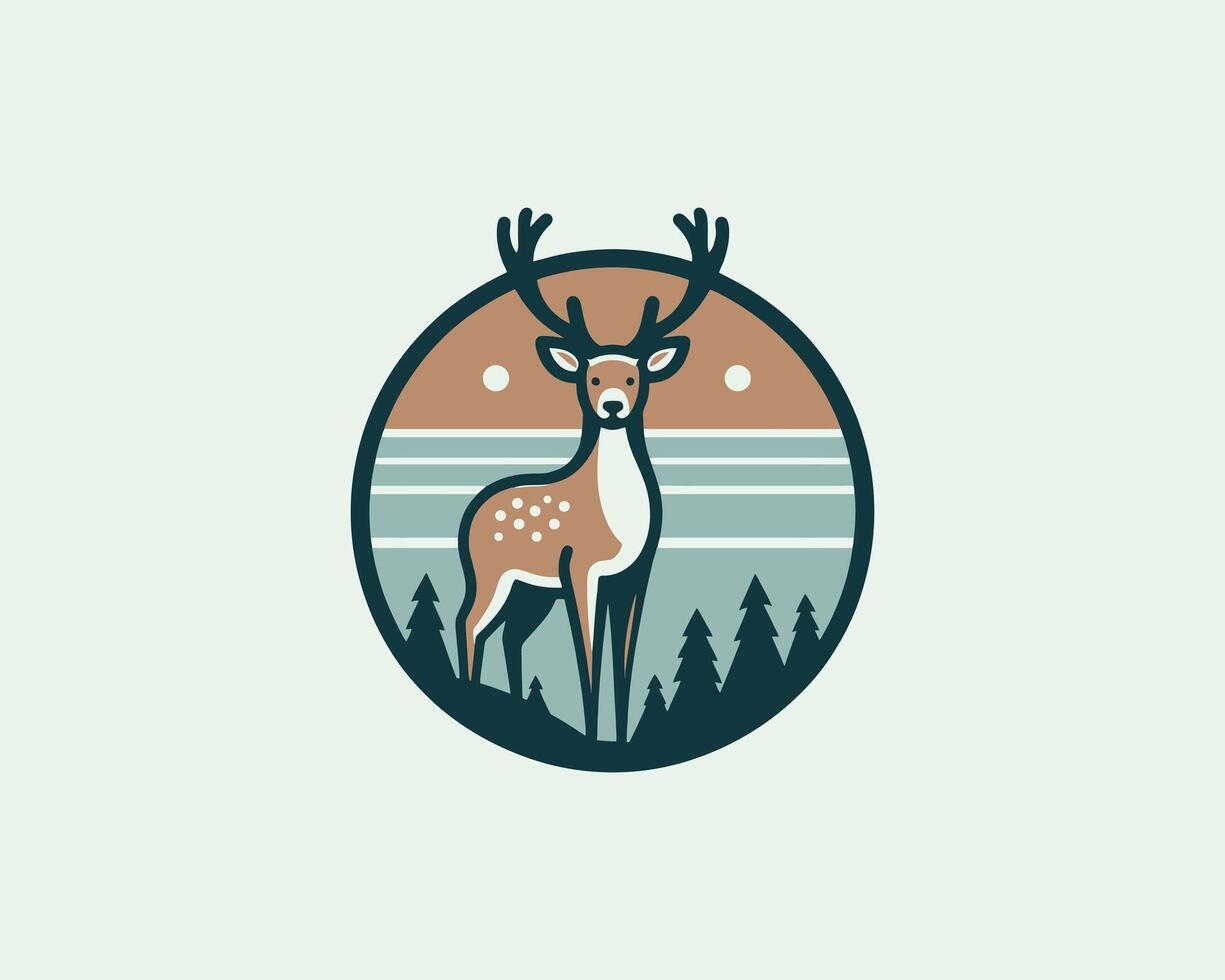 A deer standing in front of a forest with trees and mountains vector