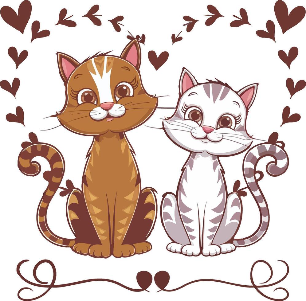 Romantic Cat Duo with Heart Patterns Perfect for Valentine's Day vector