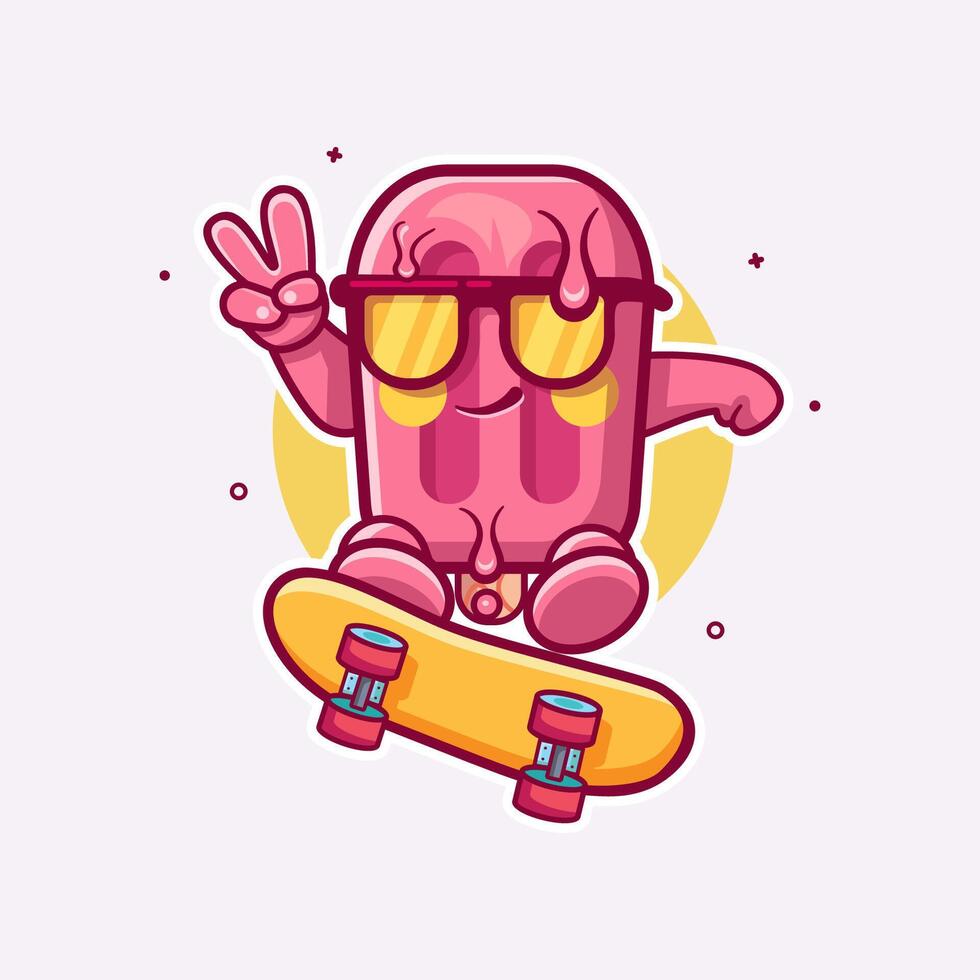 cool pink popsicle ice cream character mascot playing skateboard isolated cartoon vector