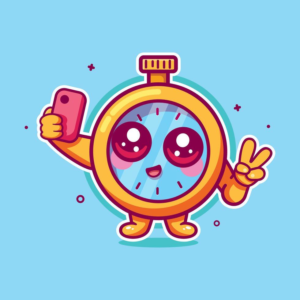 funny stopwatch character mascot taking a selfie with a smartphone isolated cartoon vector