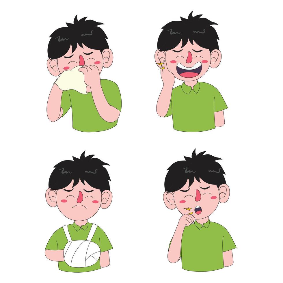 Set of illustrations of sick children, flu, cough, broken arm, toothache. vector
