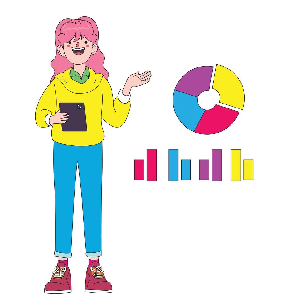 illustration of a cute girl with pink hair doing a presentation and graphs beside her vector