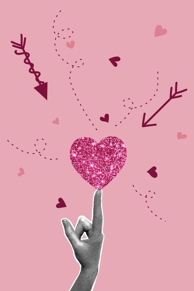 Trendy halftone collage. Image of halftone hand with pink glitter heart and arrows. Postcard in collage style for Valentines Day, March 8. Trendy retro collage from the 80s vector