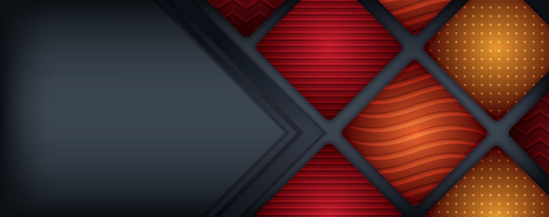 Gradient red, yellow and grey contrast abstract technology background. Corporate design. wave, dot, zig-zag, and line pattern in mosaic square. long horizontal banner with space text vector