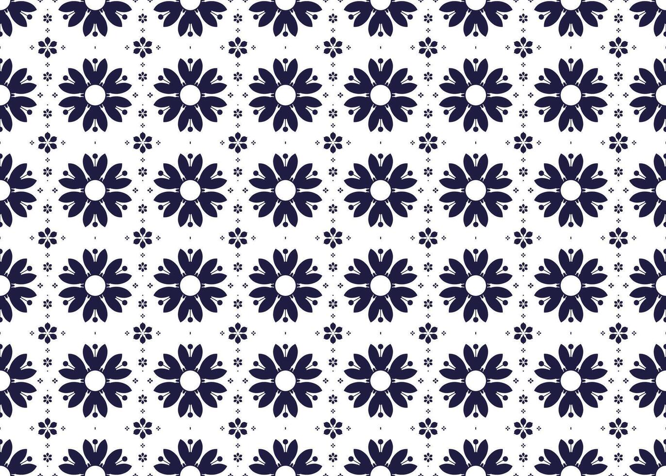 Seamless floral blooming dark bule on white background, ethnic fabric seamless pattern with decorative flowers, design for cloth, carpet, batik, wallpaper, wrapping etc. vector