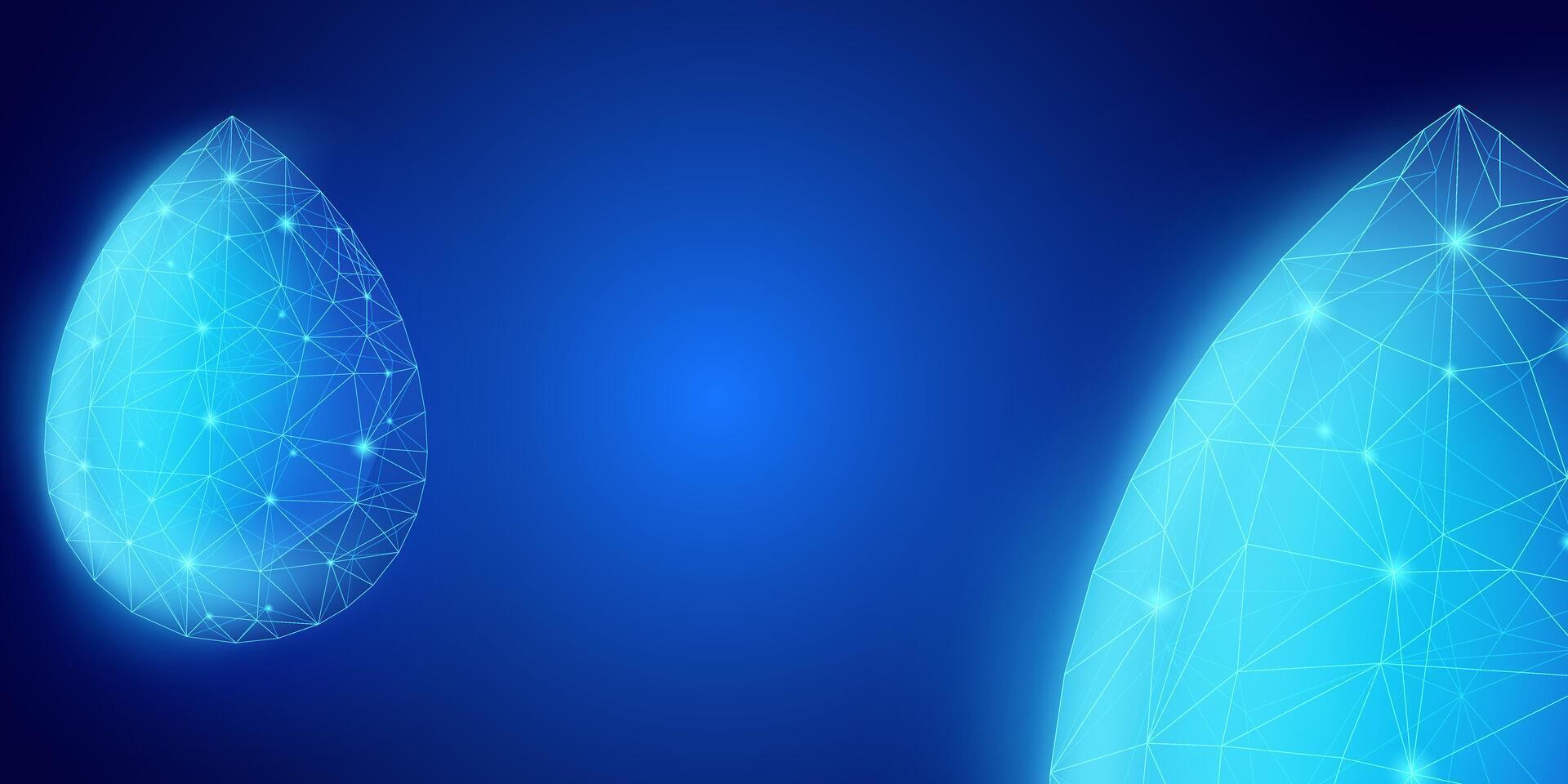 Digital water drop with low poly wireframe style in dark blue background, illustration of rain symbol particles suitable for nature-themed presentation backgrounds, and rain drops. vector