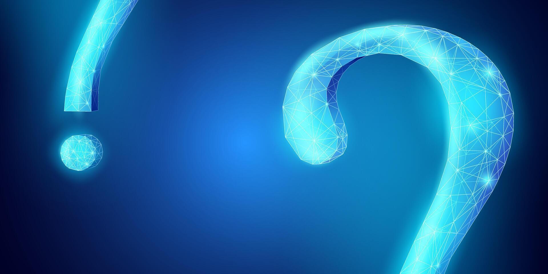 Question mark symbol in glowing low poly style, suitable for presentation backgrounds, futuristic technology banners, advertisements, social media posts, and customer service. vector
