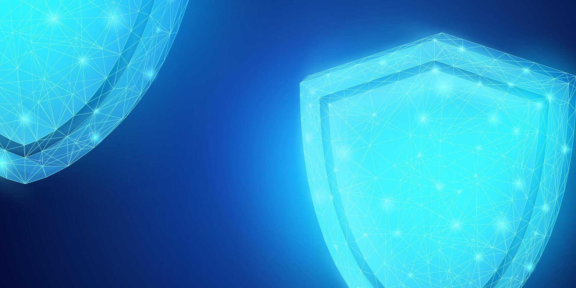 Digital antivirus, shield illustration in low poly style and blue background, suitable for cybersecurity, cyber crime, passwords, antivirus, firewall, internet safety, and user privacy. vector