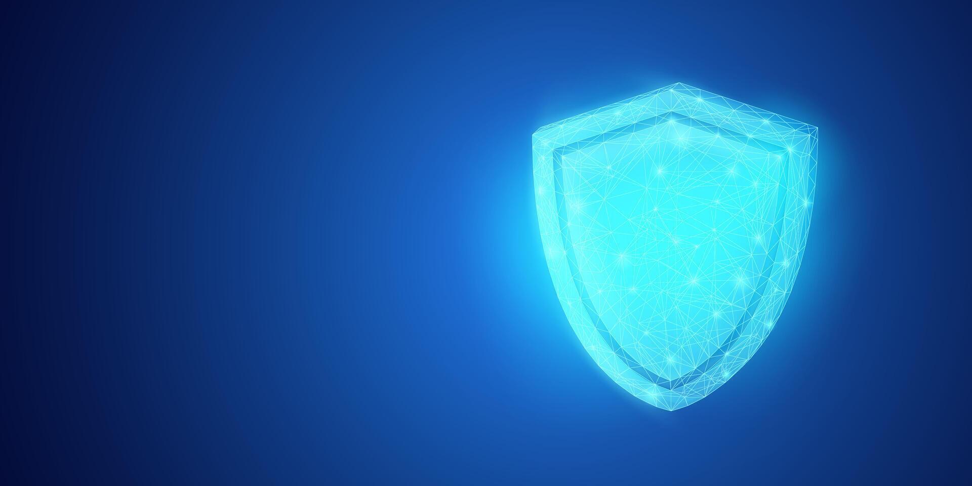 Digital protection on dark blue background, shield illustration in low poly wireframe style suitable for cybersecurity, cyber crime, passwords, antivirus, firewall, internet safety, and user privacy. vector