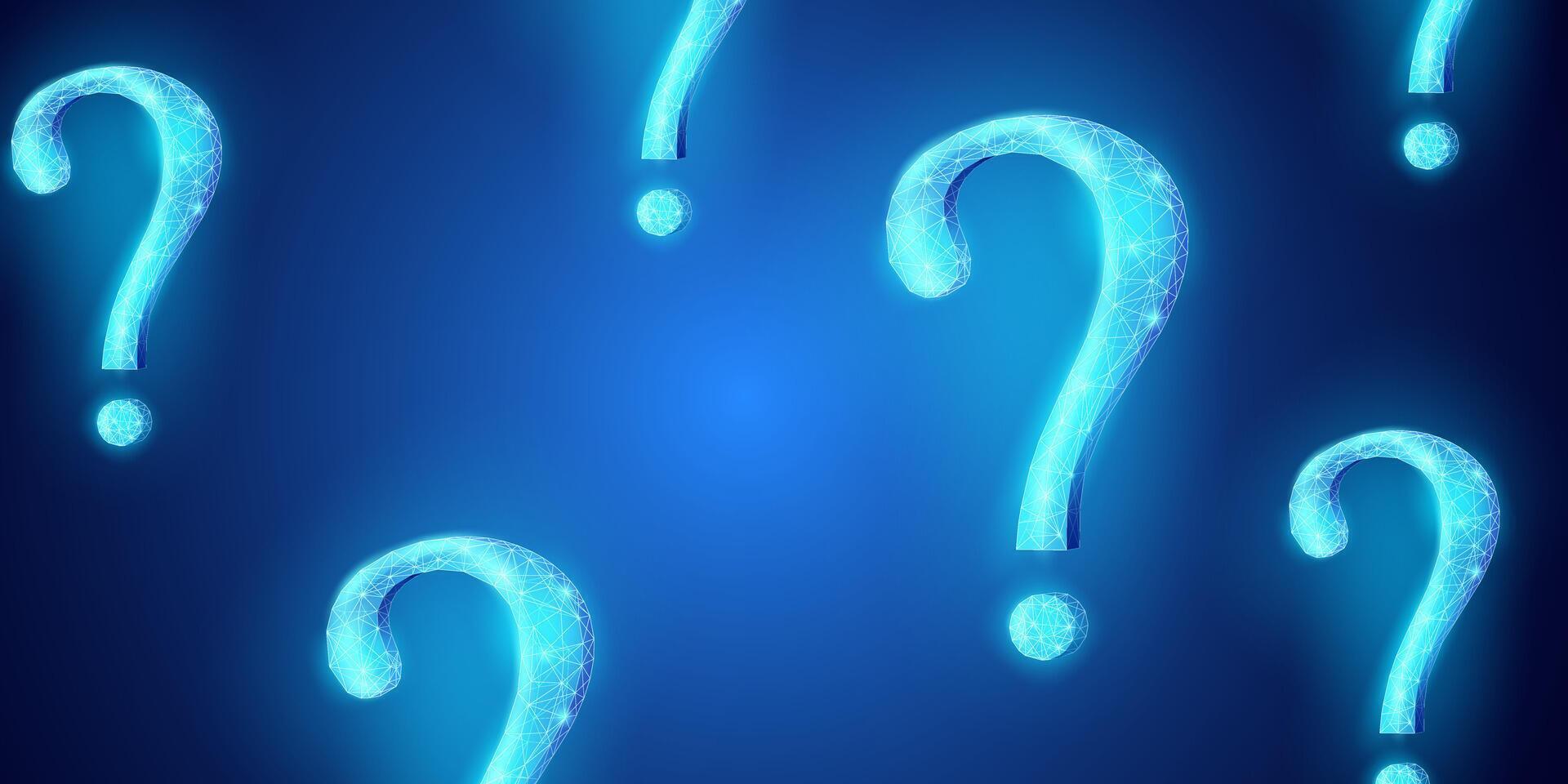 Digital blue question mark in low poly style, abstract geometric background suitable for illustrations of doubt, uncertainty, answers, education, and question symbols. vector
