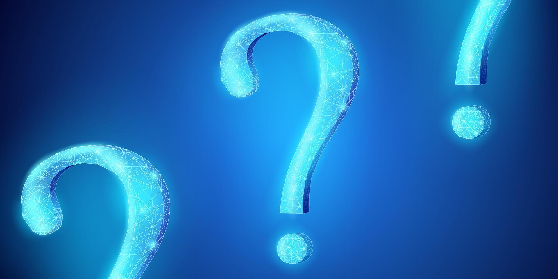 Question mark on dark blue background, illustration of the question symbol in digital technology and low poly style, suitable for FAQs, banners, posts and presentation backgrounds. vector
