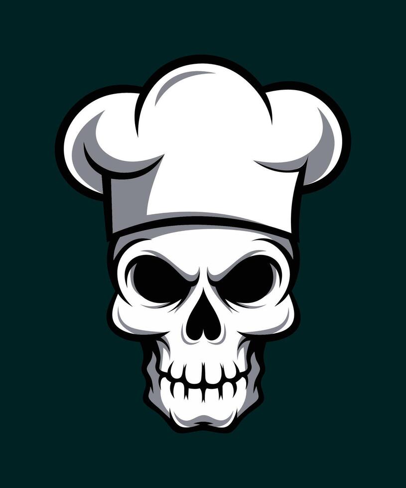 Chef Skull with Hat Illustration, Bold black and white illustration of a skull wearing a chef hat, blending culinary and gothic themes for a unique and edgy design. vector