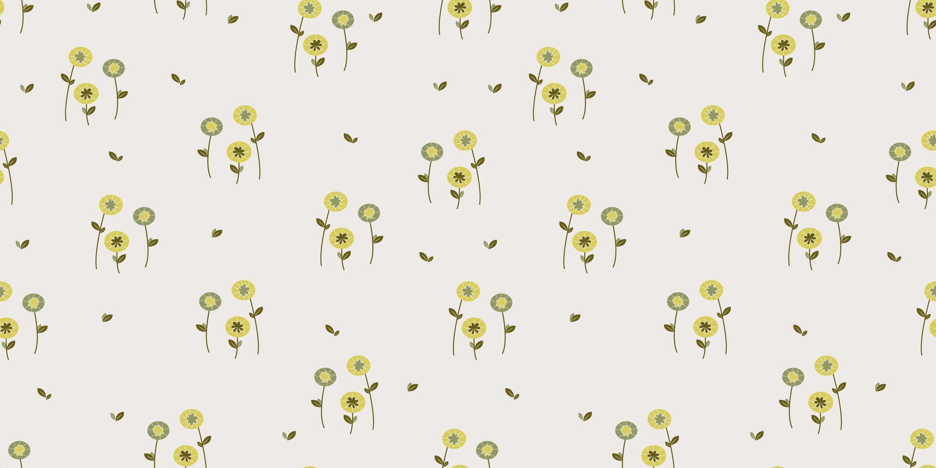Cute Seamless Pattern with Scattered Flowers with Stems and Leaves on Vintage Style. vector