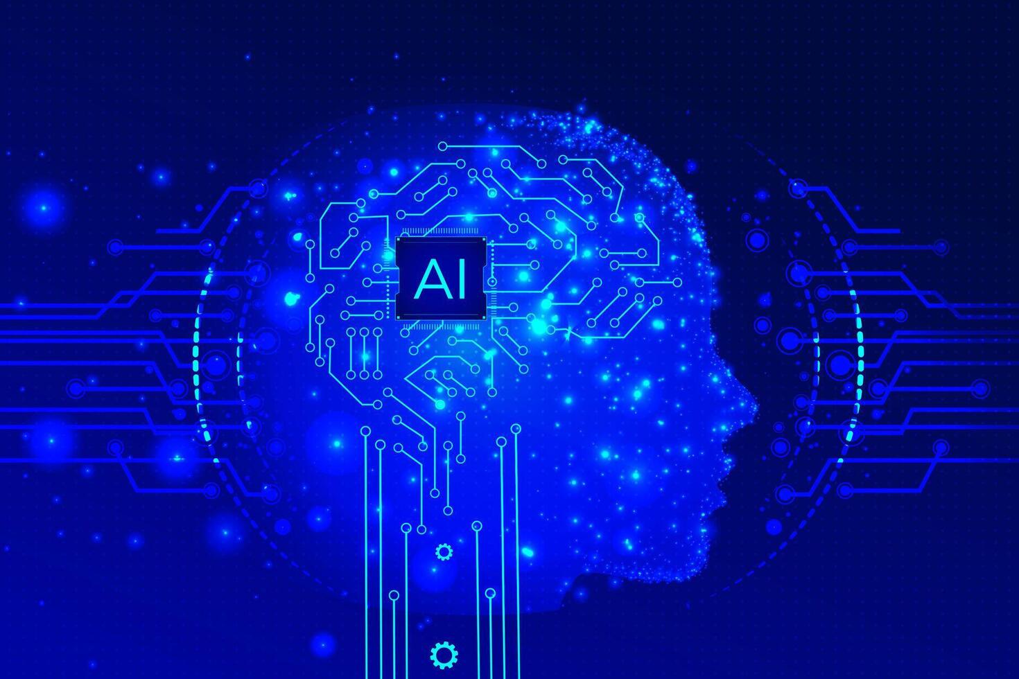 Electronic brain and Concept of artificial intelligence.Graphic of a digital brain and Human head outline made from circuit board, connecting on a dark blue background. vector