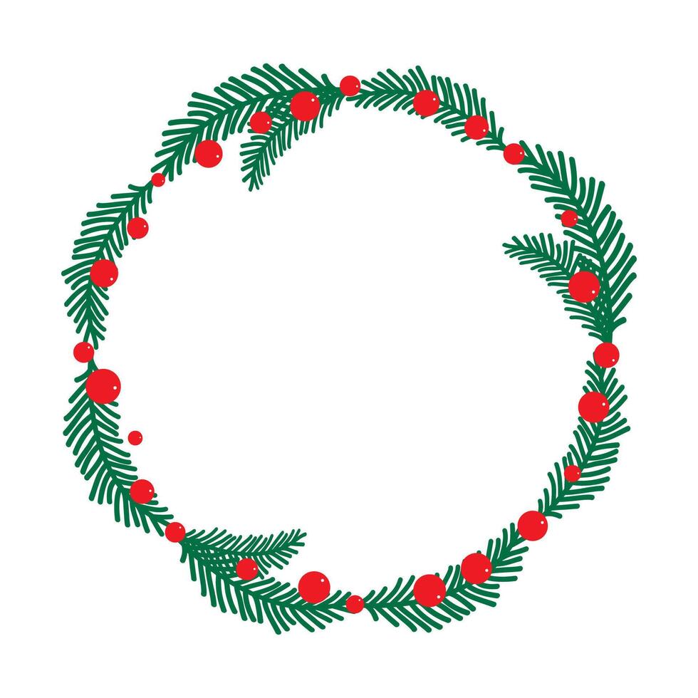 Christmas wreath. Round Christmas frame. Christmas tree branches with berries. vector