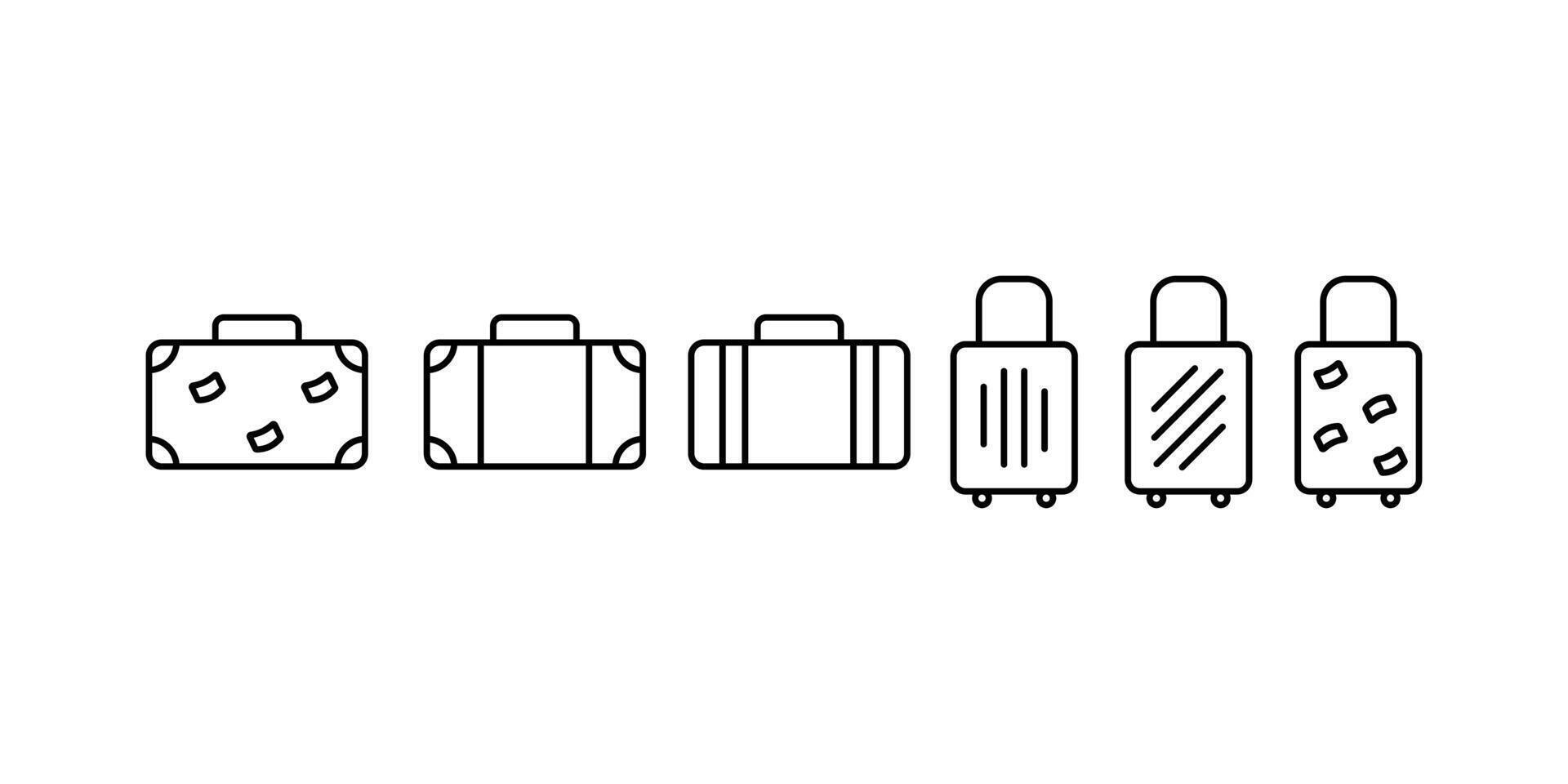 six line drawings featuring different styles of suitcases and travel bags, ideal for travel blogs, luggage ads or holiday themed designs. vector