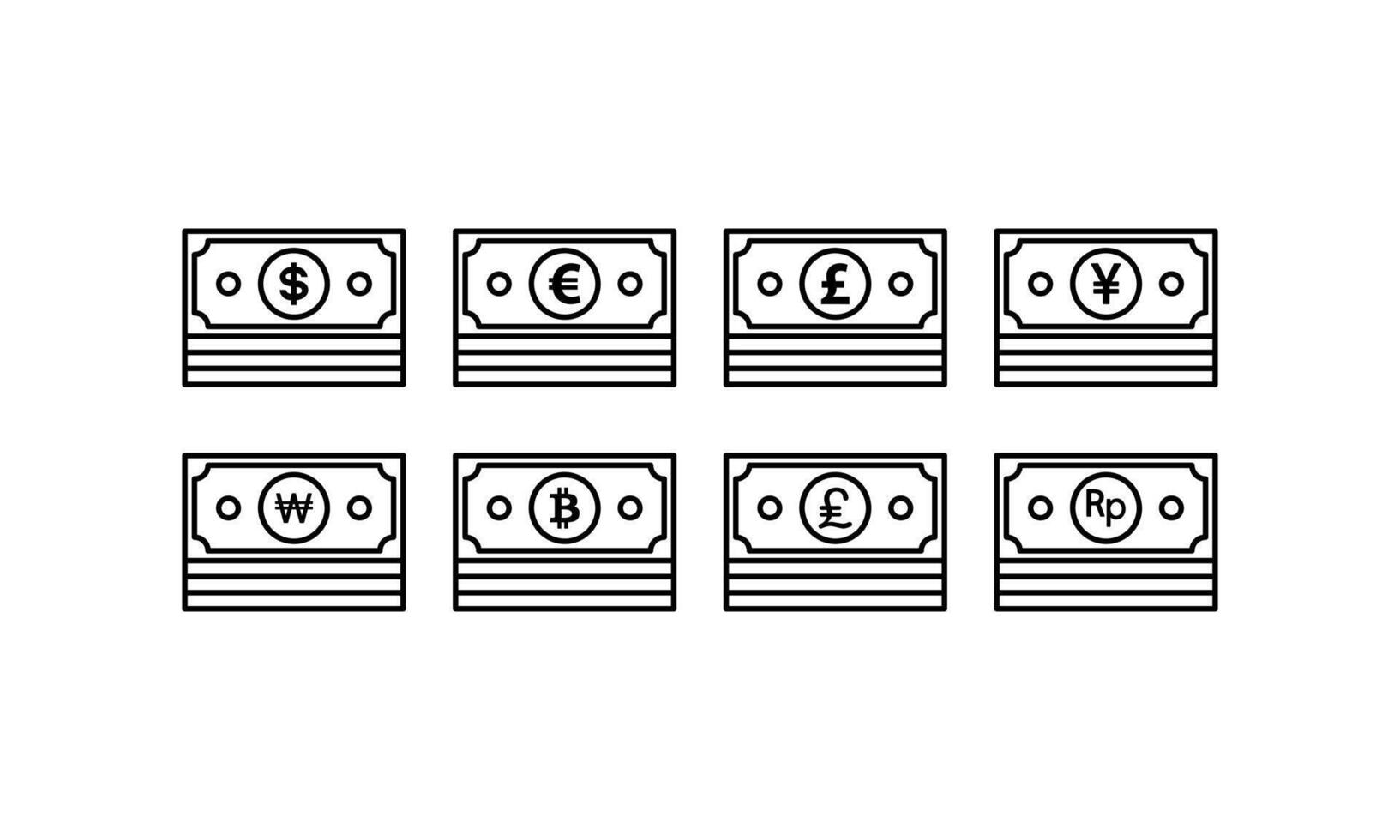 Eight drawings of currency stacks with different symbols. Ideal for finance, banking, economy, and moneyrelated design projects. vector