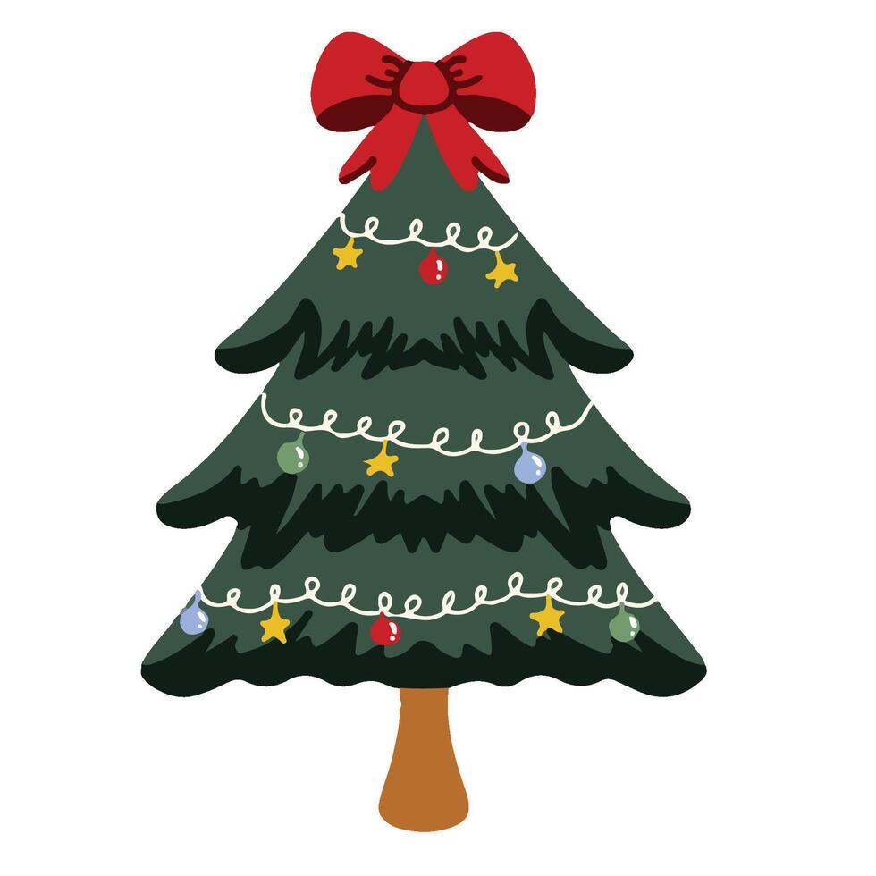 CHRISTMAS Tree STICKER DECORATION Ornament green red yellow line white red ribbon vector