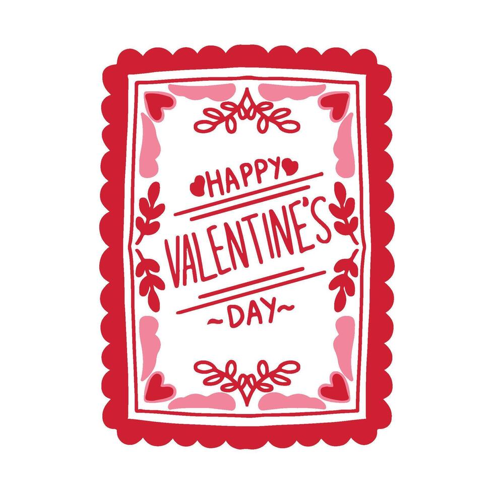 Valentine's Day Greeting Card Sticker Typography cute retro leaves red pink vector