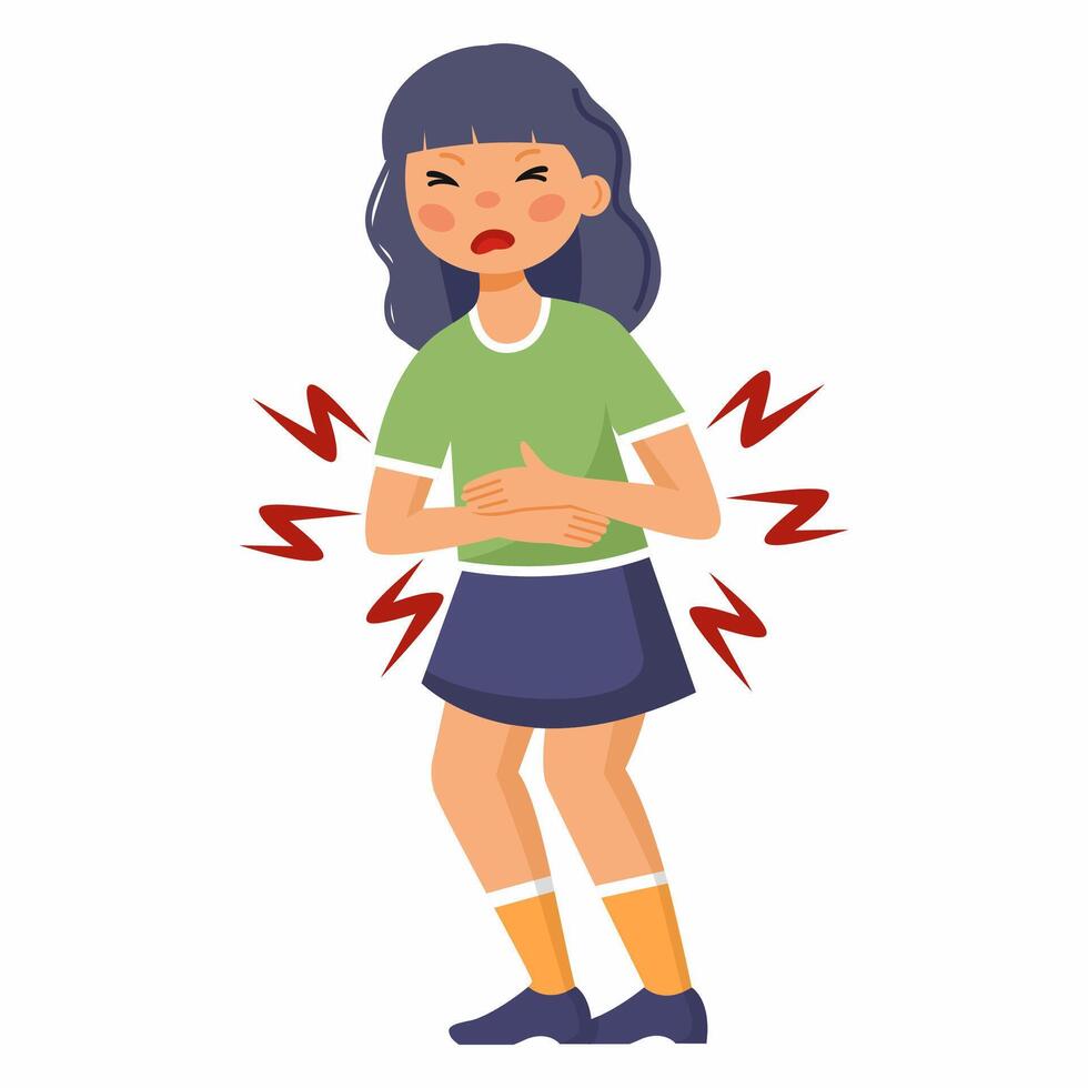 A sad girl is experiencing acute abdominal pain. Symptoms of intestinal infection or food poisoning in a child. Digestive problems. Bloating and gastritis. vector