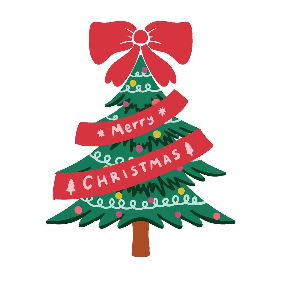 CHRISTMAS GREETINGS CARD STICKER CUTE TYPOGRAPHY DECORATION TREE RIBBON RED vector