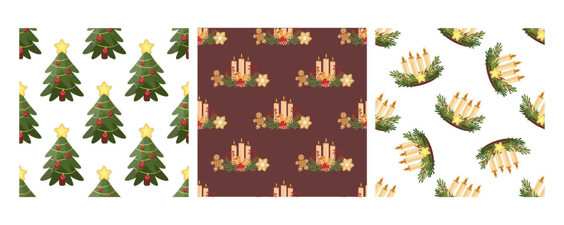 Set of three seamless patterns in flat style with Christmas trees, festive arrangements, and Advent wreaths vector